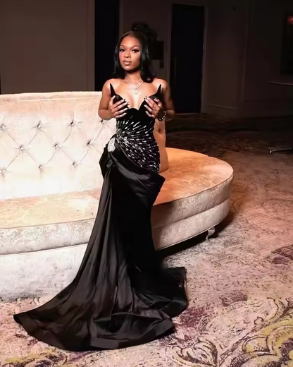 Sexy Black Mermaid Prom Dresses African Girls 2025 Exquisite Satin Crystal Sweetheart Wedding Party Evening Gowns Customized