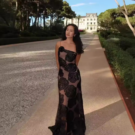 Evening Dresses Women Elegant One Shoulder Sexy Mesh Dress Maxi Flower Wedding Guest Party Dresses Bodycon