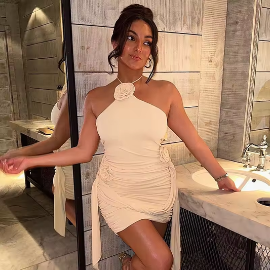 Sexy Slim Flower Halter Neck Mini Stralpless Dress For Women Ruched Lace Up Hip Wrap Elegant Hot Girl Club Party Dresses