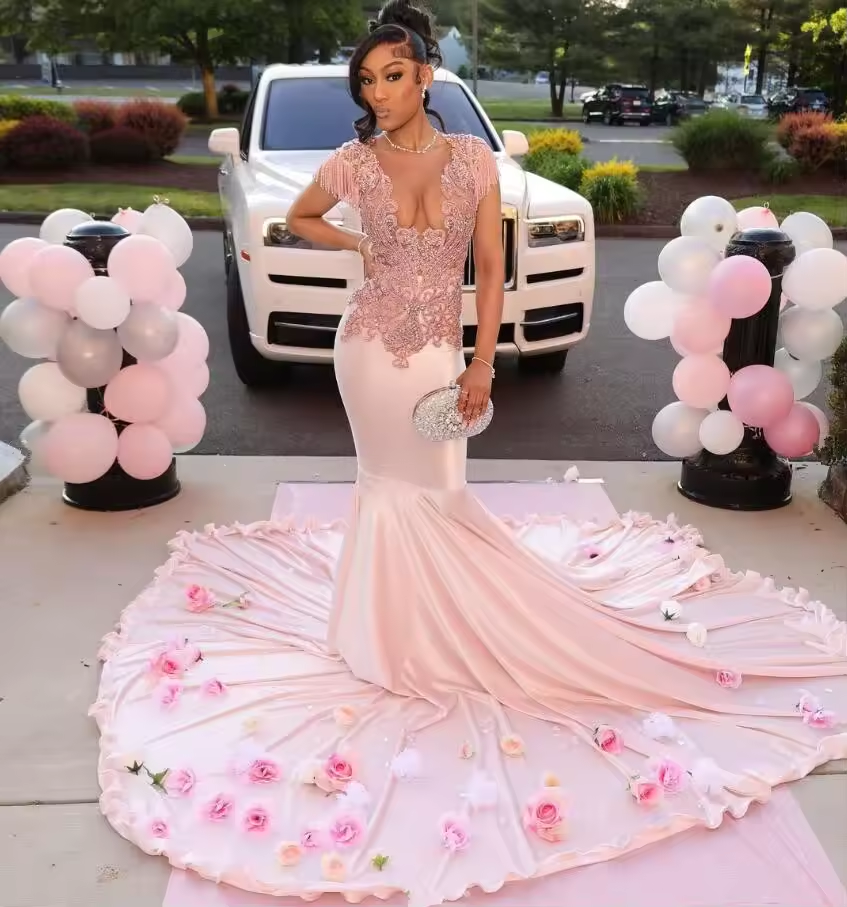 Vestido de festa de aniversário com sereia rosa pêssego, brilhante, luxuoso, borla, cristal, cauda capela, vestido de festa para cerimônia noturna, menina negra