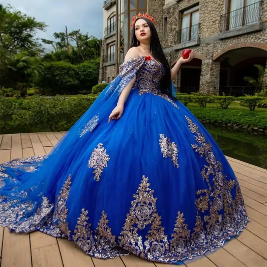 Vestido de baile azul royal com ombros de fora, vestidos de quinceanera 2025, princesa para 16 anos, apliques de renda com capa, vestidos de festa, vestido de 15