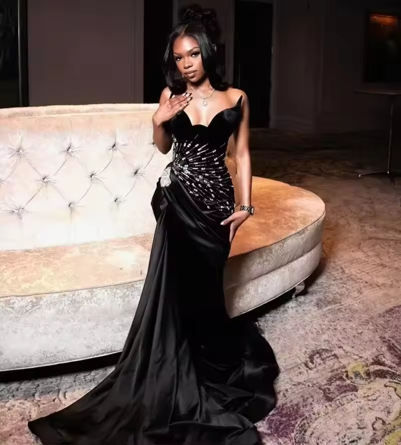 Sexy Black Mermaid Prom Dresses African Girls 2025 Exquisite Satin Crystal Sweetheart Wedding Party Evening Gowns Customized