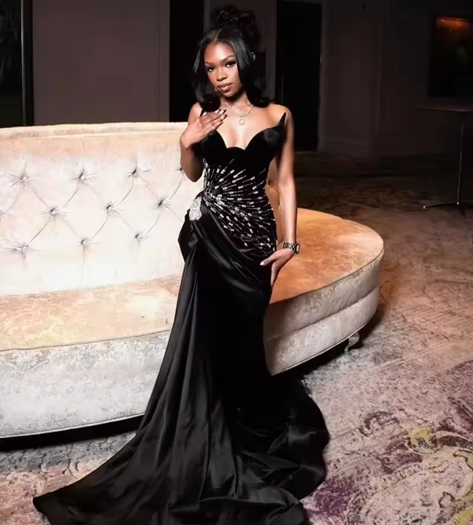 Sexy Black Mermaid Prom Dresses African Girls 2025 Exquisite Satin Crystal Sweetheart Wedding Party Evening Gowns Customized