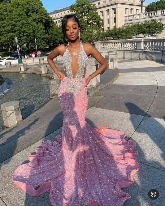 Vestidos de fiesta rosas brillantes, sexy vestido rosa de sirena con lentejuelas para el desfile de graduación, noche y regreso a casa.
