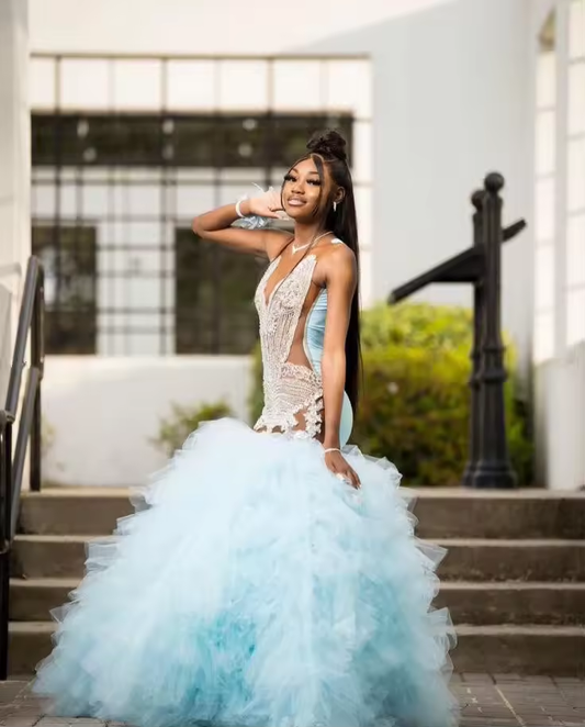 Mint Blue African Mermaid Prom Dress for Women Luxury Crystal Beaded Black Girl Birthday Gown vestidos de gala Prom customsized