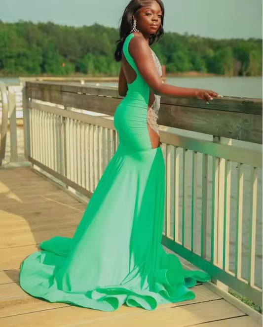 Green Sparkly Mermaid Long Prom Ceremony Dresses for Black Girl Diamond Sheer Evening Birthday Gala Dress customsized