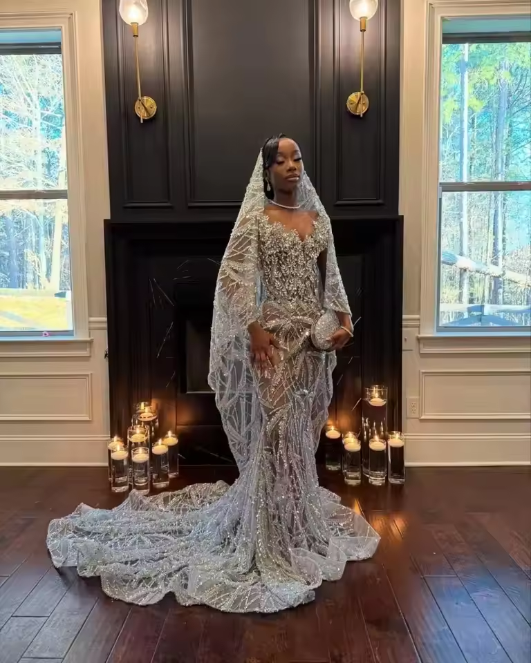 Vintage Silver Lace Mermaid Prom Dresses With Veil Sparkle Formal Wedding Party Illusion Lace Evening Gown Customized