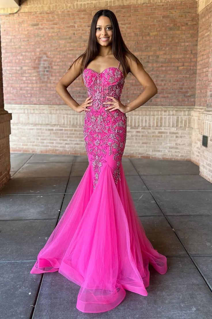 Pink Beaded Spaghetti Strap Trumpet Long Gown