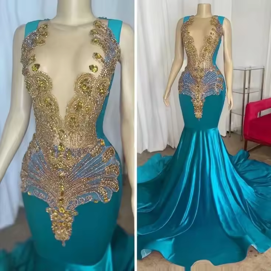 Blue Long Prom Dress For Black Girls Mermaid Sheer Satin Feather Crystals Birthday Party Dresses Women Evening Gown Customized