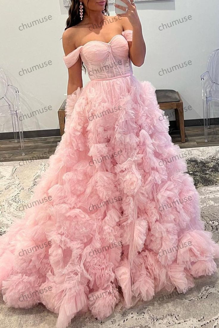 A Line Off the Shoulder Ruffled Tulle Prom Dress with Slit