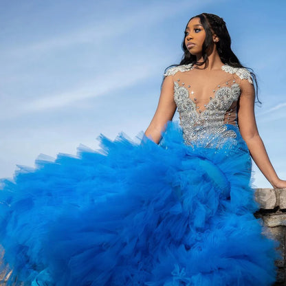 فستان طويل للحفلات الراقصة للفتيات ذوات البشرة السوداء، حورية البحر، مزين بالترتر والخرز والكريستال، فساتين حفلات أعياد الميلاد، فستان سهرة مخصص