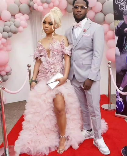 Amazing Shiny Pink High Asymmetrical Maxi GownsFloral Beaded Nigerian Aso Ebi Evening Dress African Formal Occasion Dresses