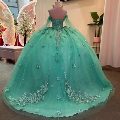 Shiny Green Quinceanera Dresses Luxury Flower Lace Beading Birthday Party Prom Princess Vestidos De 15 Anos