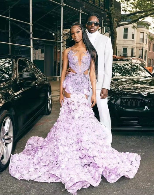 Luxury Light Lilac Mermaid Prom Party Dresses For Black Girl 2025 With 3D Flowers Customized See Through