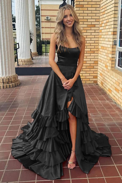 Scoop Neck A Line Lace-Up Ruffle Tiered Red Prom Dress with Slit