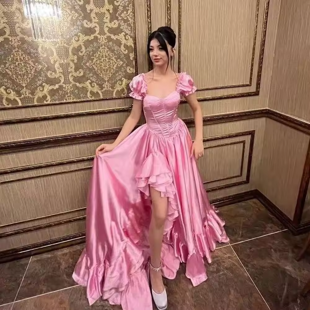 custom Elegnant A-line Pink Princess Corset Dress Birthday Evening Party Dresses with Ruffled Leg Split Special Occasion Gown