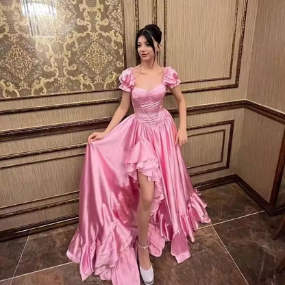 custom Elegnant A-line Pink Princess Corset Dress Birthday Evening Party Dresses with Ruffled Leg Split Special Occasion Gown