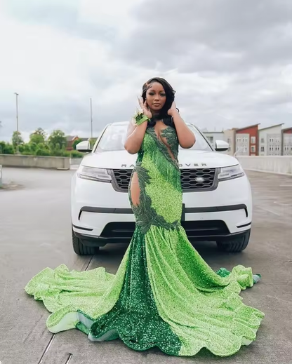 Emerald Green Trumpet Evening Formal Dress customsized Sparkly Crystal Black girl Couple Birthday Homecoming gown Velvet