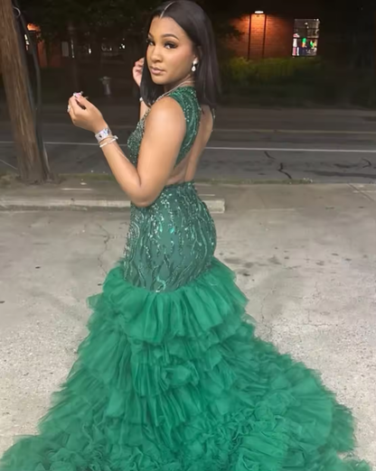 Emerald Green Crystal Ruffle Mermaid Prom Dresses Long for Arabic Women 2025 with Slit Glittler Tulle Formal Evening Gowns