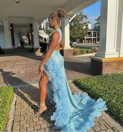 فستان حورية البحر للحفلات الراقصة باللون الأزرق السماوي المثير بفتحة عالية وكشكشة للنساء الأفريقيات فساتين سهرة للفتيات في المناسبات الرسمية