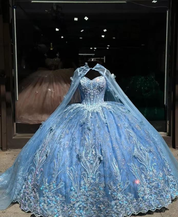 Céu azul princesa 15 vestidos quinceanera luxo cinta de espaguete deslumbrante applique cinta xale vestido 15 años quinceañera personalizado