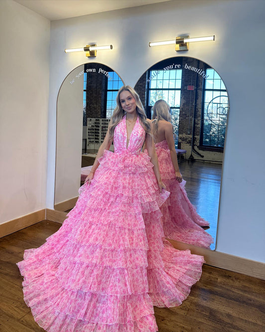 Charming A Line Halter Neck Pink Printed Long Prom Dress with Open Back