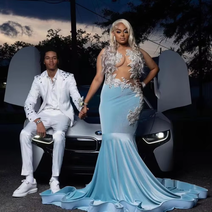 2025 Velet Long Prom Dresses For Black Girls Sexy Sheer Rhinestone Applique Mermaid Birthday Party Evening Gown Customsized