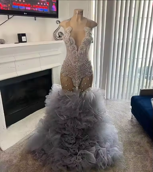 Sexy Grey Lace Mermaid Prom Dresses For African Women Luxury Beaded Sheer Mesh Party Customised vestido de noche elegante mujer