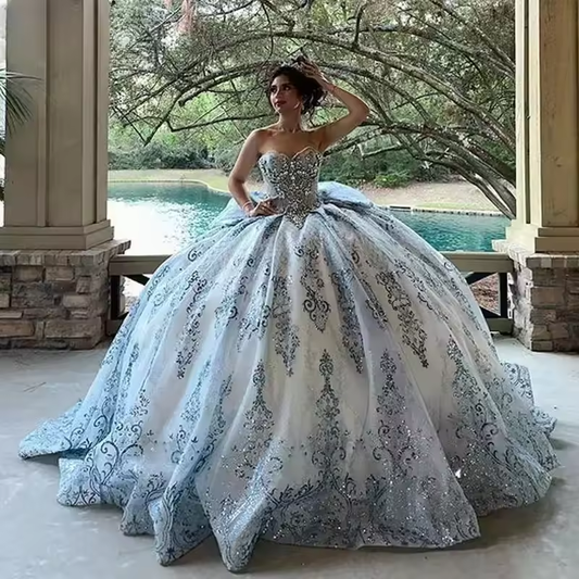 Princess Mexican Shiny Sky Blue Quinceanera Dress Ball Gown Applique Beaded Bow Sweet 16 Vestidos De 15 Anos Customized