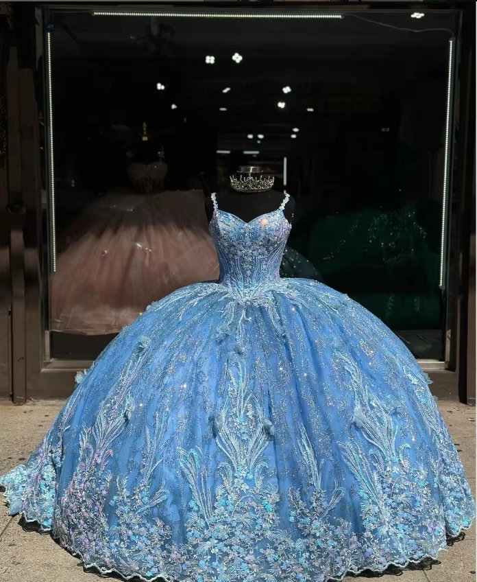 Céu azul princesa 15 vestidos quinceanera luxo cinta de espaguete deslumbrante applique cinta xale vestido 15 años quinceañera personalizado