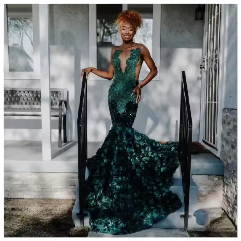 Green African American Prom Dresses Sheer Sequins Floral Beaded Black Girls Nigeria Robe De Soiree Evening Dress Gown Customized