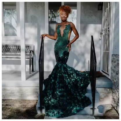 Green African American Prom Dresses Sheer Sequins Floral Beaded Black Girls Nigeria Robe De Soiree Evening Dress Gown Customized
