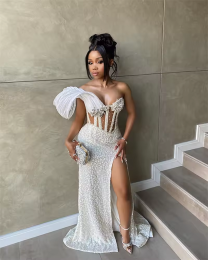 White Mermaid Evening Dresses Rhinestones Beaded Crystal Sparkly Wedding Party Gowns Senior Prom Party Robes Customized