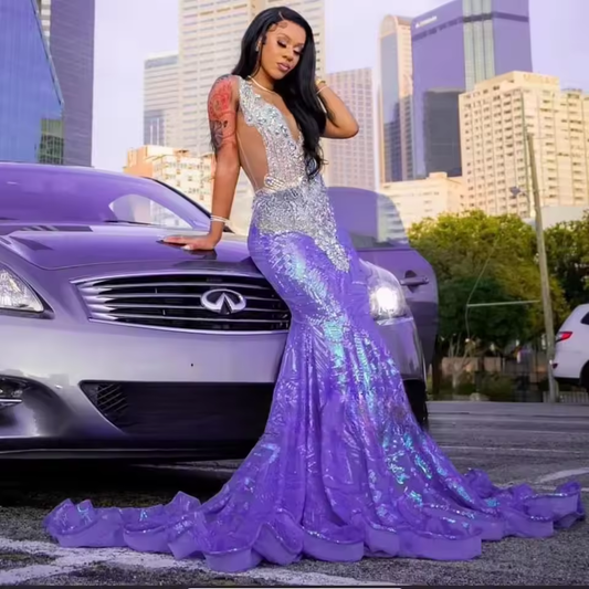 Customized Lace Mermaid Prom Dress Tiered Crystal Sleeveless Rhinestones Beading Elegant Party Dresses Woman Birthday Party Gown