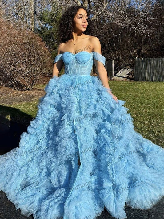 A Line Off the Shoulder Ruffled Tulle Prom Dress with Slit