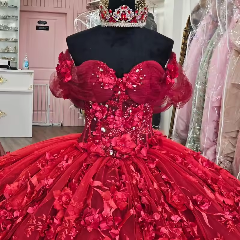 Red Shiny Quinceanera Dresses Ball Gown Off The Shoulder Applique Flower Beading Crystal Tull Party Birthday Sweet 16 Dress Vest