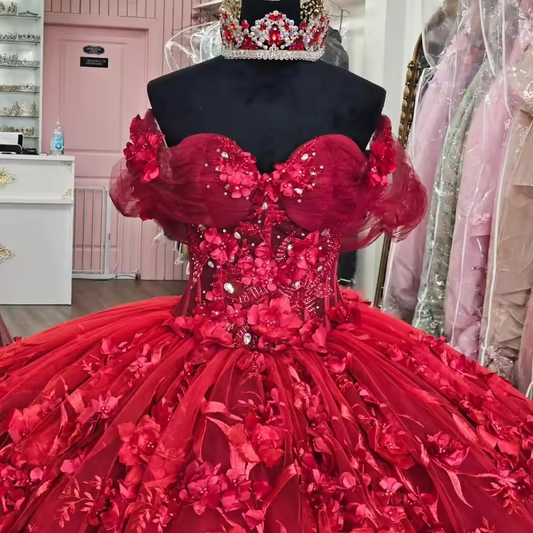 Red Shiny Quinceanera Dresses Ball Gown Off The Shoulder Applique Flower Beading Crystal Tull Party Birthday Sweet 16 Dress Vest