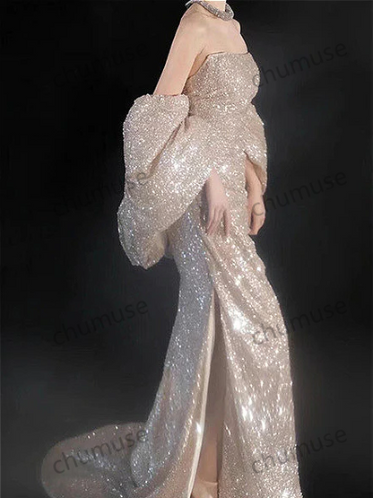 Light Gold Sequins Affordable Plus-Size Prom Dressing Glitter Details