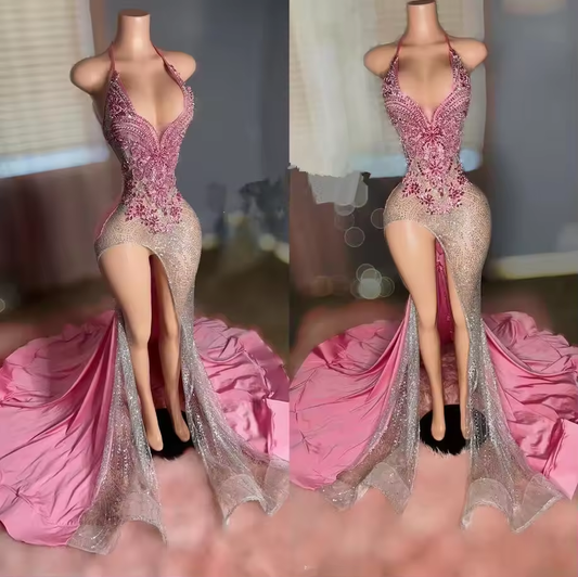 Pink Luxury Trumpet Long Evening Formal Dress for Women customsized Crystal Sexy Slit Prom Engagement Gown vestidos para mujer