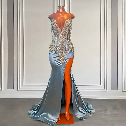 Light Blue High Split Mermaid Prom Dress for Black Girl Sparkly Crystal Rhinestone Elegant Long Prom Gala Party Gowns Customized