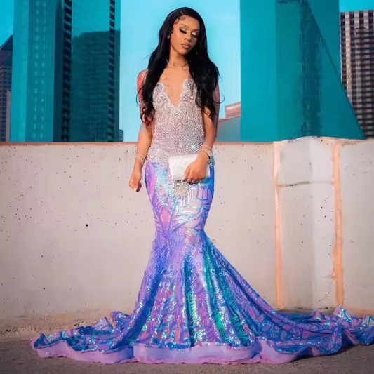 Customized Lace Mermaid Prom Dress Tiered Crystal Sleeveless Rhinestones Beading Elegant Party Dresses Woman Birthday Party Gown