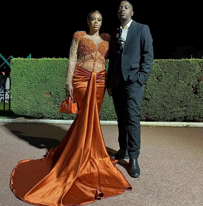 Burning Orange Beaded Evening Dresses Formal Occasions Gowns Black Women Mermaid Luxury Sequins Party Dress Long Sleeves