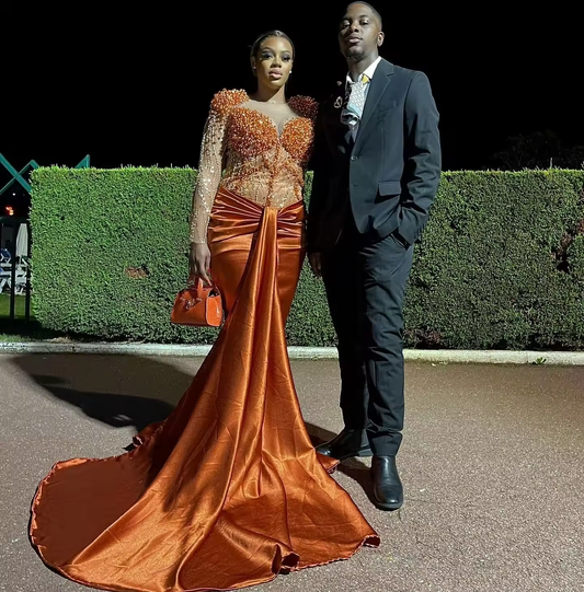 Burning Orange Beaded Evening Dresses Formal Occasions Gowns Black Women Mermaid Luxury Sequins Party Dress Long Sleeves