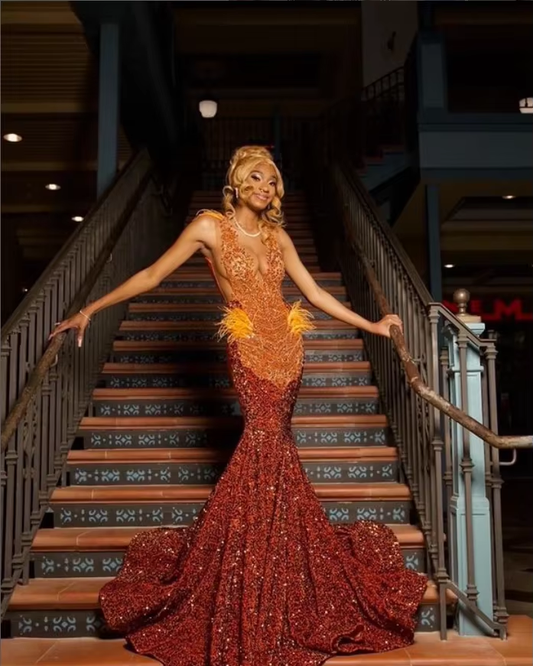 Customized Light Luxury Warm Orange Cocktail Dresses African Girl Glitter Rhinestone Feather Prom Dress Sexy Sequins Party Dress