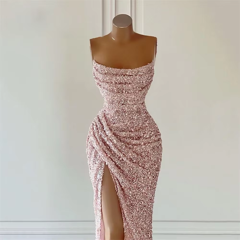 Customized Pink Glitter Prom Dresses Women Backless Strapless Side Slit Mermaid Cocktail Party Dress