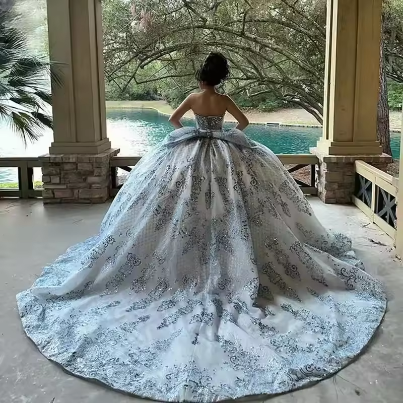 Princess Mexican Shiny Sky Blue Quinceanera Dress Ball Gown Applique Beaded Bow Sweet 16 Vestidos De 15 Anos Customized
