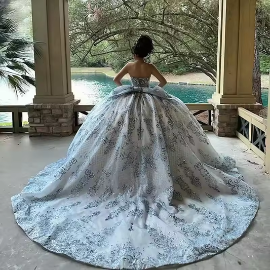 Princess Mexican Shiny Sky Blue Quinceanera Dress Ball Gown Applique Beaded Bow Sweet 16 Vestidos De 15 Anos Customized