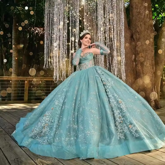 Aqua Blue Shiny Ball Gown Quinceanera Dress Off The Shoulder Sequined Appliques Lace Beads Crystal Tull Vestidos De 15 Años