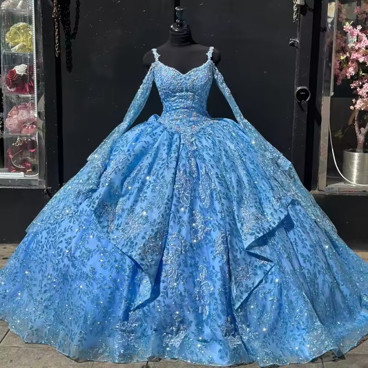 Customized Blue Long Sleeve Quinceanera Dress Off Shoulder Beads With Cape Sweet 16 Dress XV Vestidos De 15 Anos