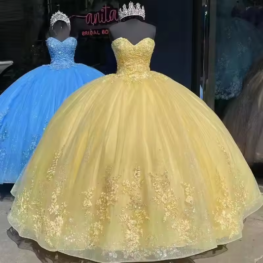 Vestidos amarelos de quinceanera, vestidos de princesa de 15 anos, sexy, apliques de coração, vestido de baile, festa de aniversário personalizado